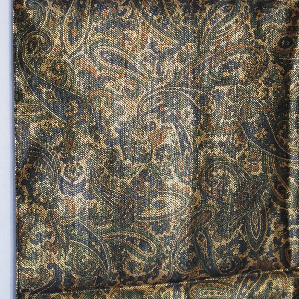 Gold scarf with blue and green paisley print